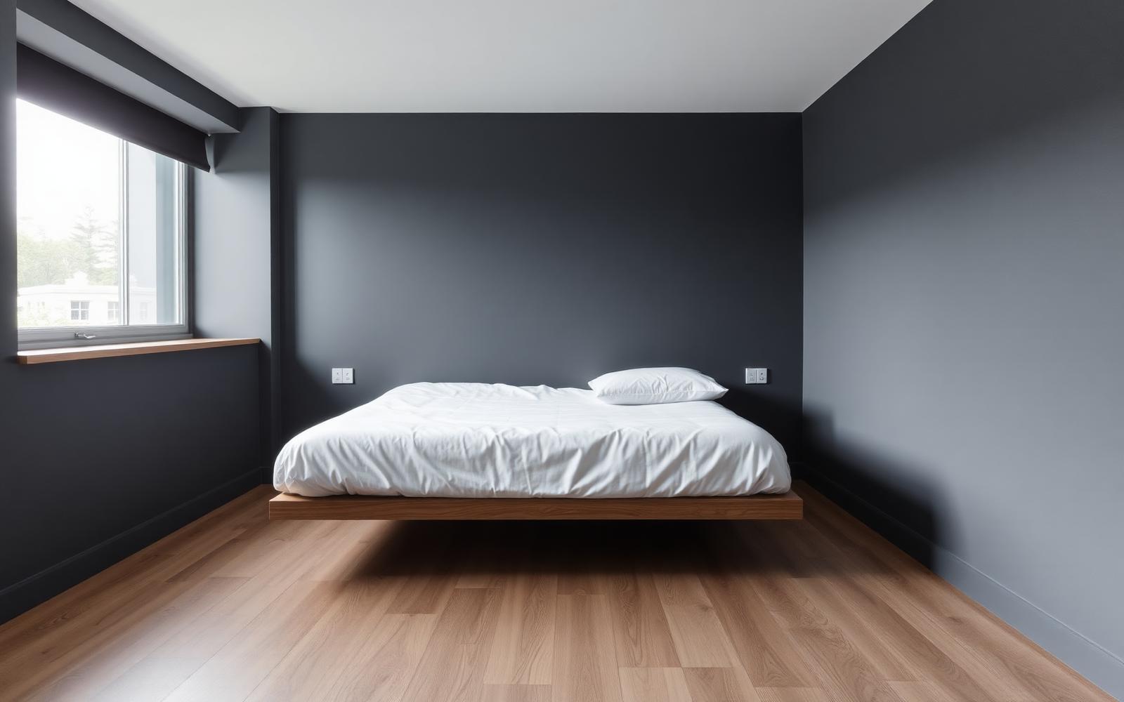 Furnished workforce housing bedroom with neutral finishes and natural light