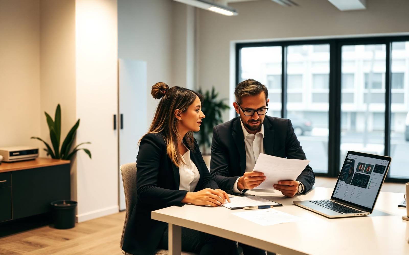 Two professionals reviewing operating documents and a dashboard in a modern office