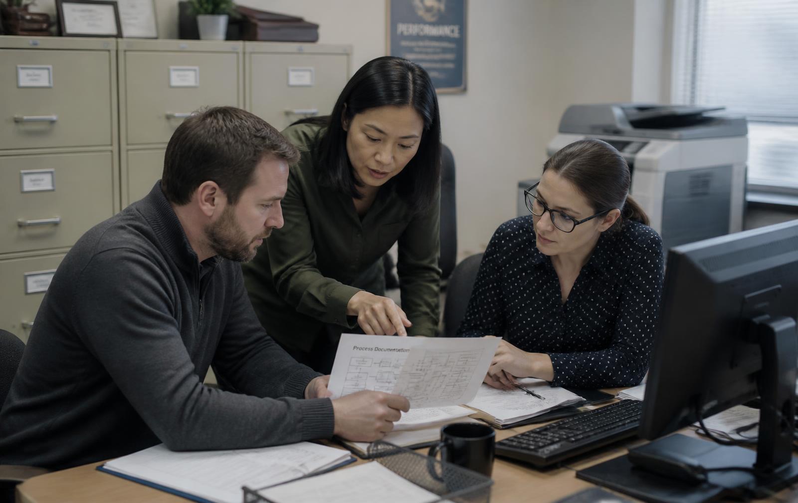 Business operations team reviewing reporting and process documentation in an office